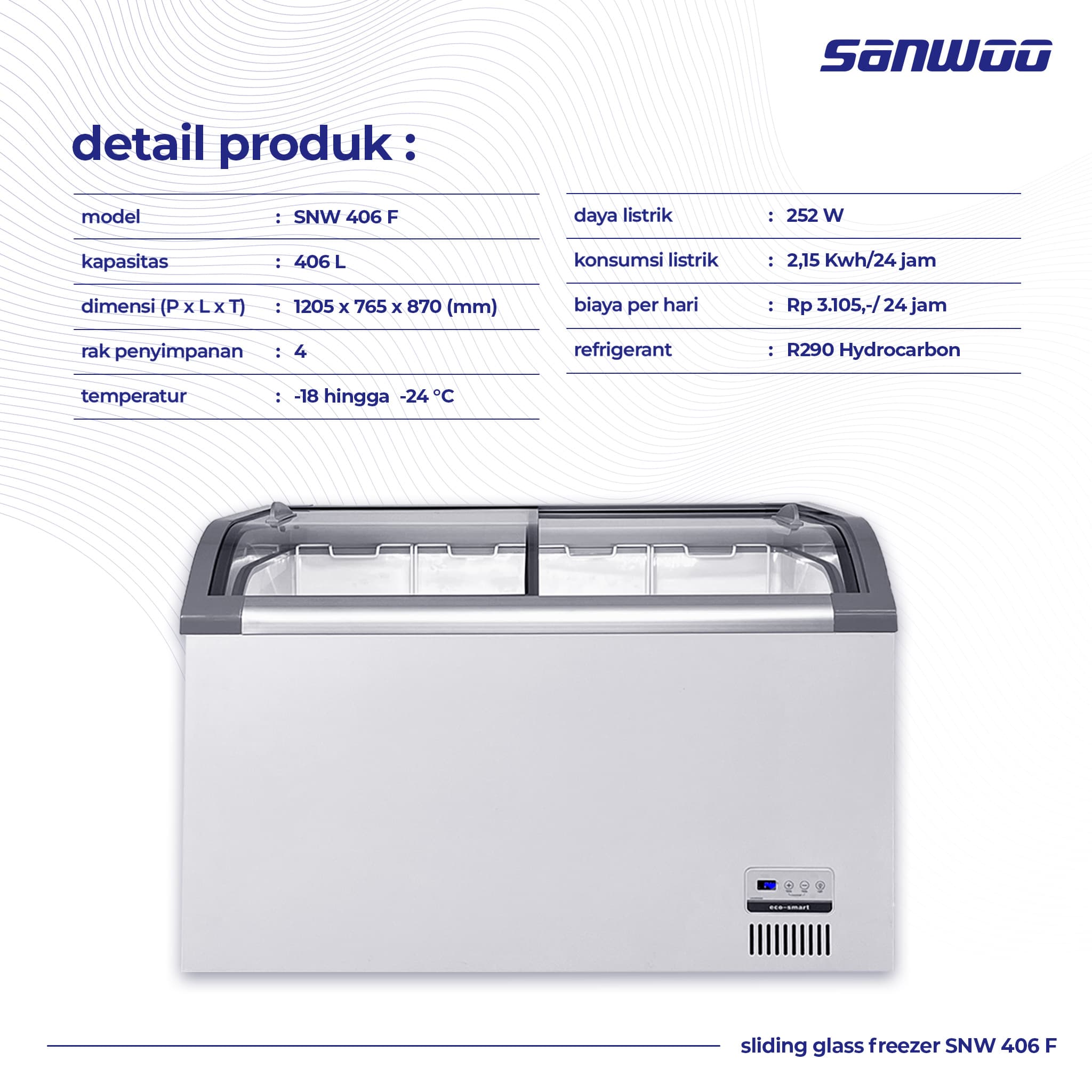 Sanwoo Sliding Glass Freezer SNW 406 F